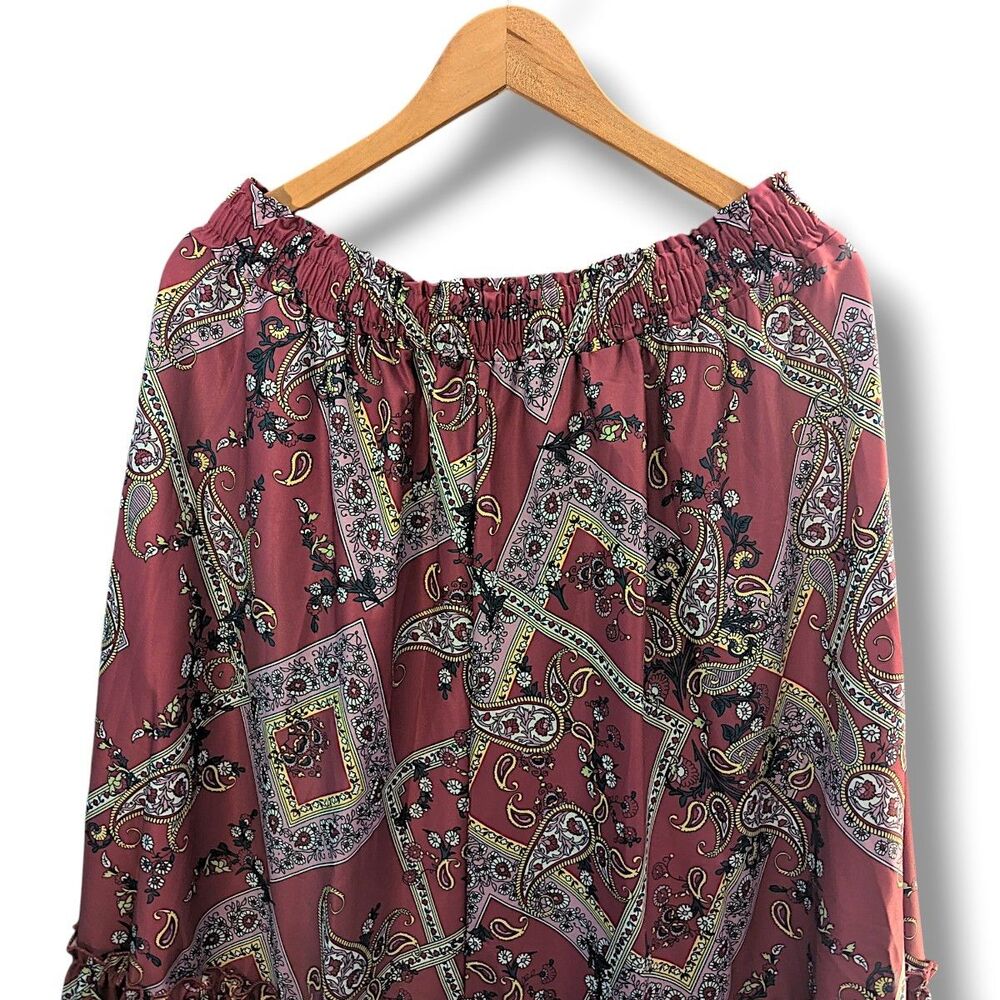 NWOT Wine Paisley Pleated Midi Skirt Elastic Waist Purple Yellow  White XL/XXL - Picture 4 of 4